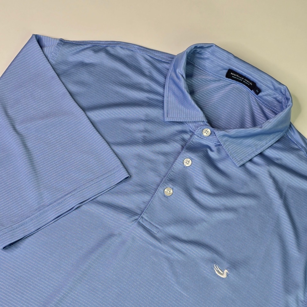 Southern Marsh Mens Size 2X Blue Striped Performance Golf Polo Shirt Summer Duck